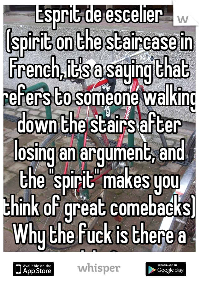 Esprit de escelier 
(spirit on the staircase in French, it's a saying that refers to someone walking down the stairs after losing an argument, and the "spirit" makes you think of great comebacks)
Why the fuck is there a bike?