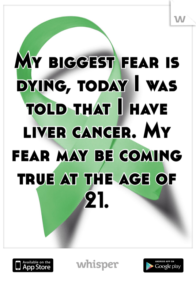 My biggest fear is dying, today I was told that I have liver cancer. My fear may be coming true at the age of 21.