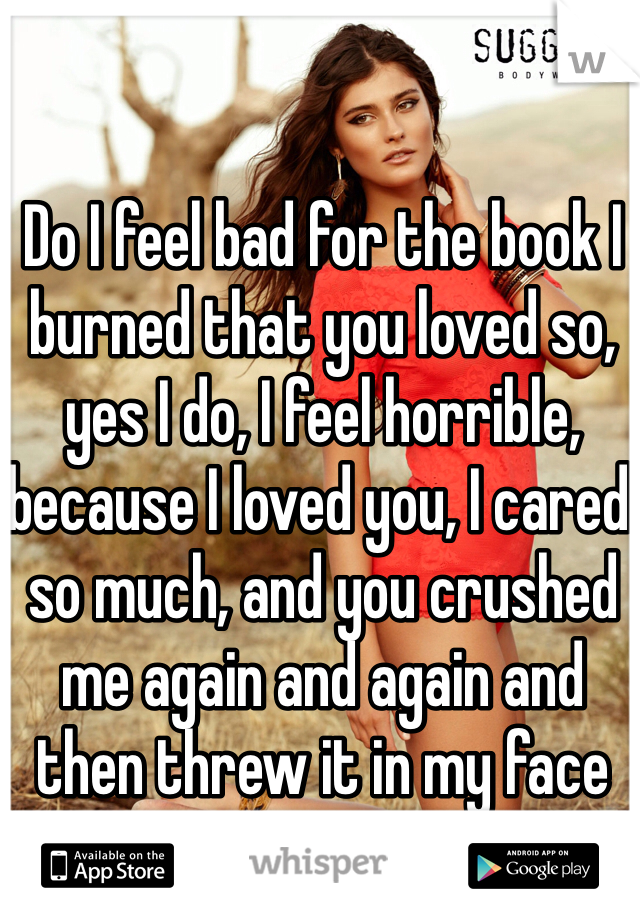 Do I feel bad for the book I burned that you loved so, yes I do, I feel horrible, because I loved you, I cared so much, and you crushed me again and again and then threw it in my face m/21 