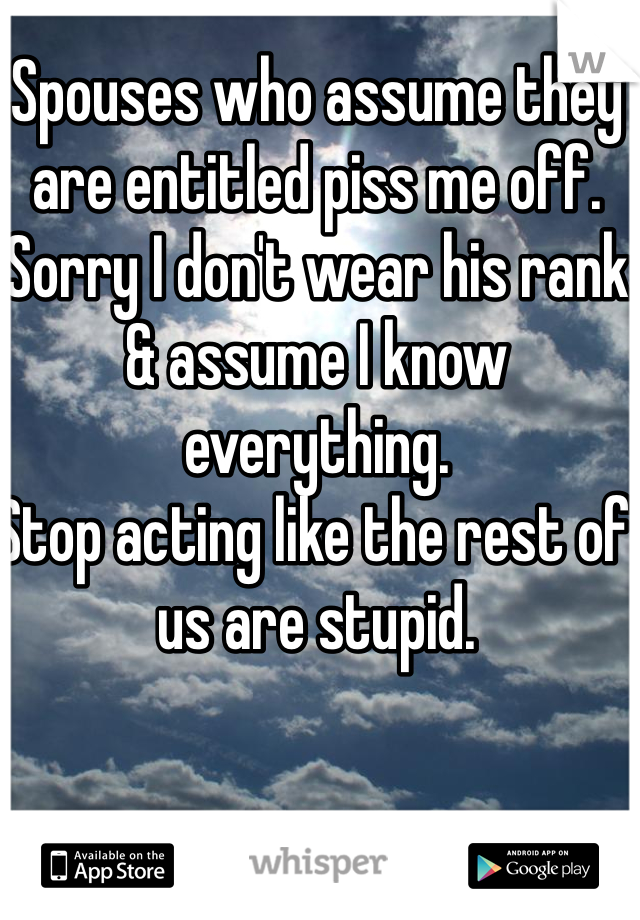 Spouses who assume they are entitled piss me off. Sorry I don't wear his rank & assume I know everything.
Stop acting like the rest of us are stupid. 