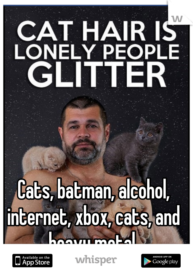 Cats, batman, alcohol, internet, xbox, cats, and heavy metal.