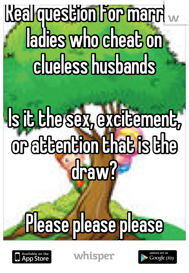 Real question for married ladies who cheat on clueless husbands

Is it the sex, excitement, or attention that is the draw?

Please please please answer! 