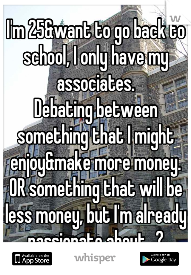 I'm 25&want to go back to school, I only have my associates.
Debating between something that I might enjoy&make more money. OR something that will be less money, but I'm already passionate about...?