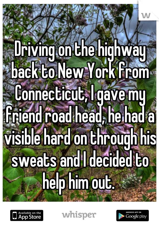 Driving on the highway back to New York from Connecticut, I gave my friend road head, he had a visible hard on through his sweats and I decided to help him out. 