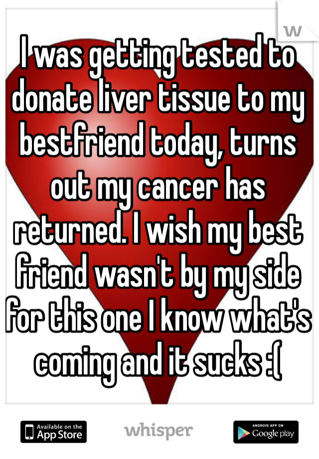 I was getting tested to donate liver tissue to my bestfriend today, turns out my cancer has returned. I wish my best friend wasn't by my side for this one I know what's coming and it sucks :(