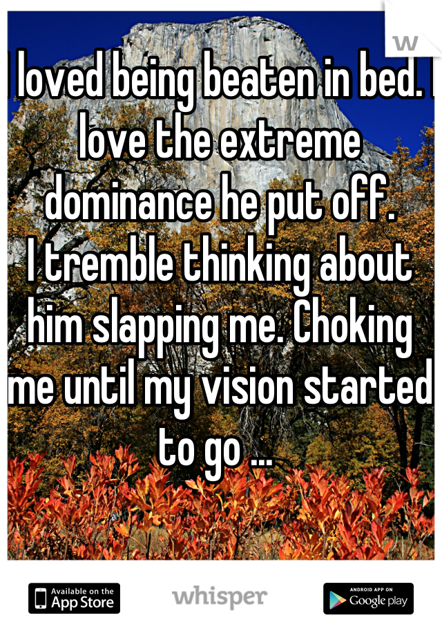 I loved being beaten in bed. I love the extreme dominance he put off. 
I tremble thinking about him slapping me. Choking me until my vision started to go ... 