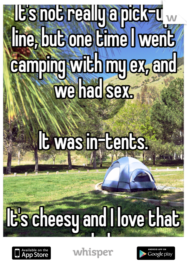 It's not really a pick-up line, but one time I went camping with my ex, and we had sex. 

It was in-tents. 


It's cheesy and I love that one haha 