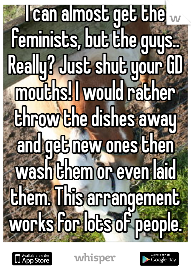 I can almost get the feminists, but the guys.. Really? Just shut your GD mouths! I would rather throw the dishes away and get new ones then wash them or even laid them. This arrangement works for lots of people.