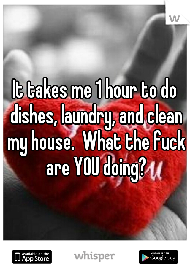 It takes me 1 hour to do dishes, laundry, and clean my house.  What the fuck are YOU doing?