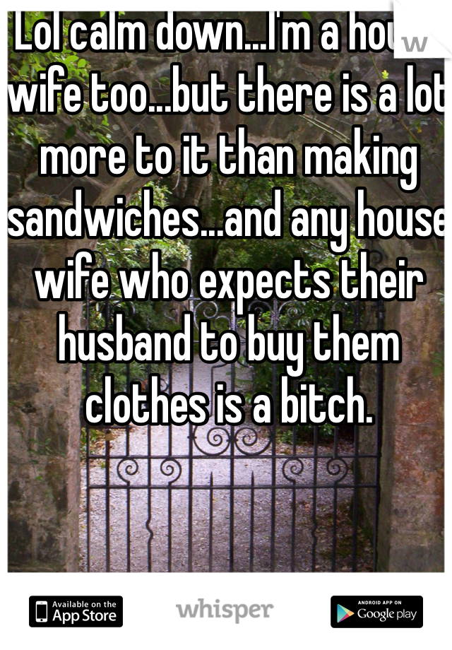 Lol calm down...I'm a house wife too...but there is a lot more to it than making sandwiches...and any house wife who expects their husband to buy them clothes is a bitch.