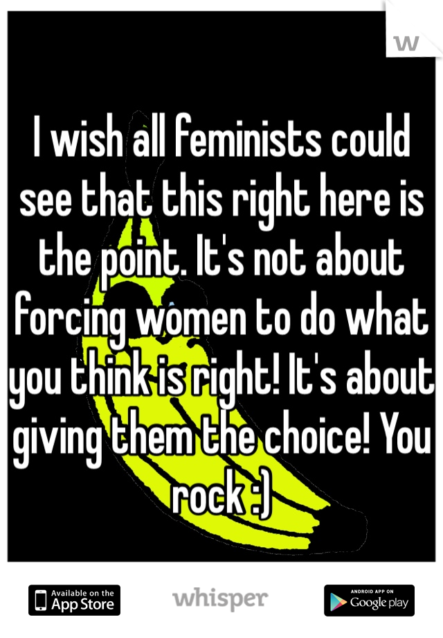 I wish all feminists could see that this right here is the point. It's not about forcing women to do what you think is right! It's about giving them the choice! You rock :)