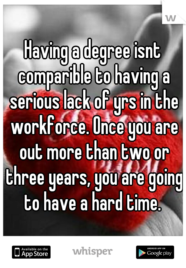 Having a degree isnt comparible to having a serious lack of yrs in the workforce. Once you are out more than two or three years, you are going to have a hard time. 