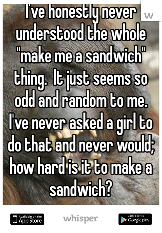 I've honestly never understood the whole "make me a sandwich" thing.  It just seems so odd and random to me.  I've never asked a girl to do that and never would; how hard is it to make a sandwich?