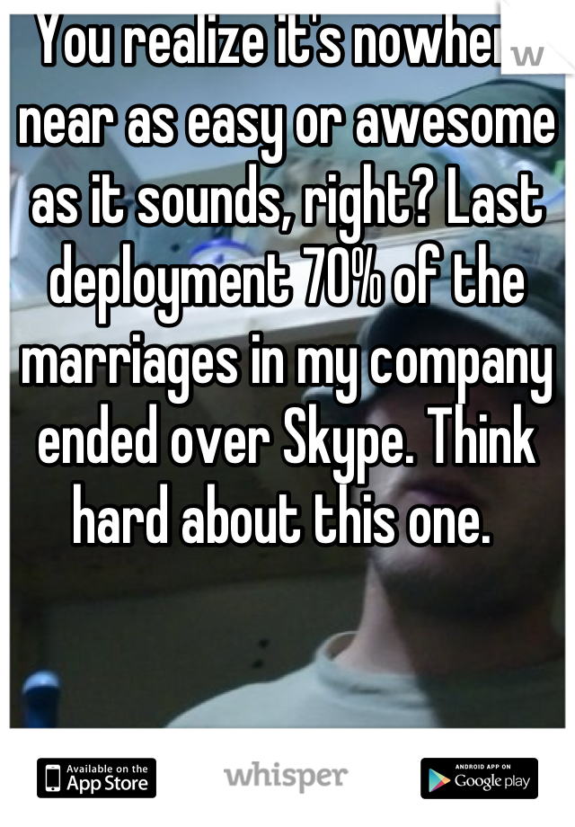 You realize it's nowhere near as easy or awesome as it sounds, right? Last deployment 70% of the marriages in my company ended over Skype. Think hard about this one. 