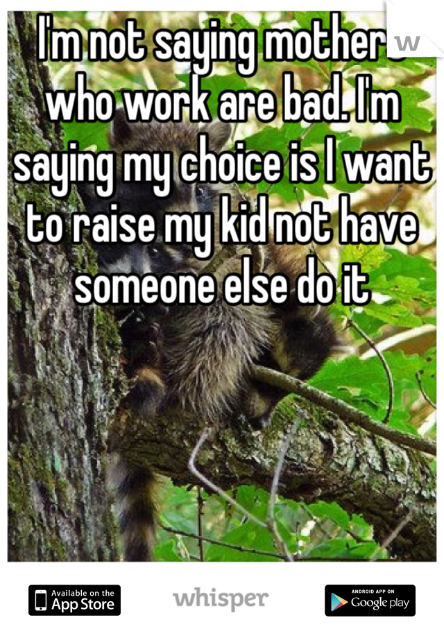 I'm not saying mothers who work are bad. I'm saying my choice is I want to raise my kid not have someone else do it 