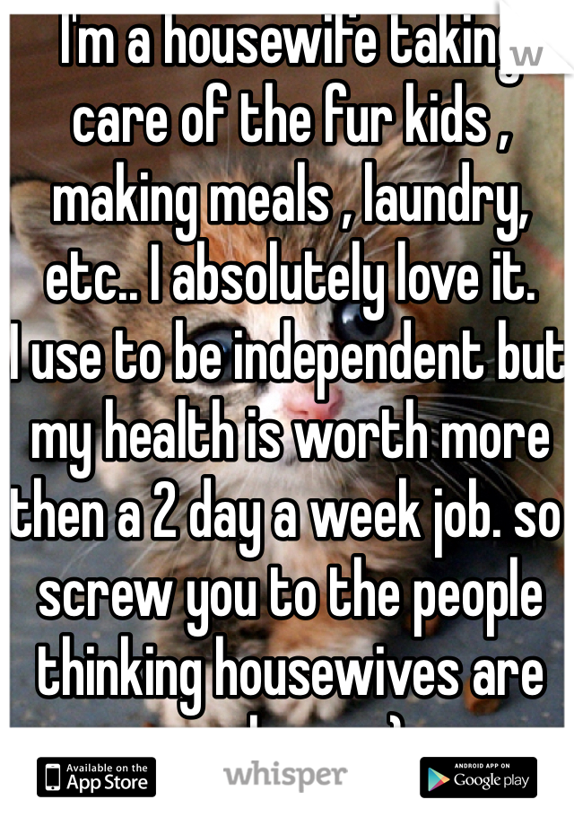 I'm a housewife taking care of the fur kids , making meals , laundry, etc.. I absolutely love it. 
I use to be independent but my health is worth more then a 2 day a week job. so screw you to the people thinking housewives are useless  :-)