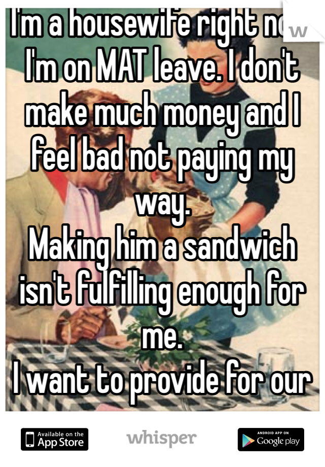 I'm a housewife right now I'm on MAT leave. I don't make much money and I feel bad not paying my way.
Making him a sandwich isn't fulfilling enough for me.
I want to provide for our son