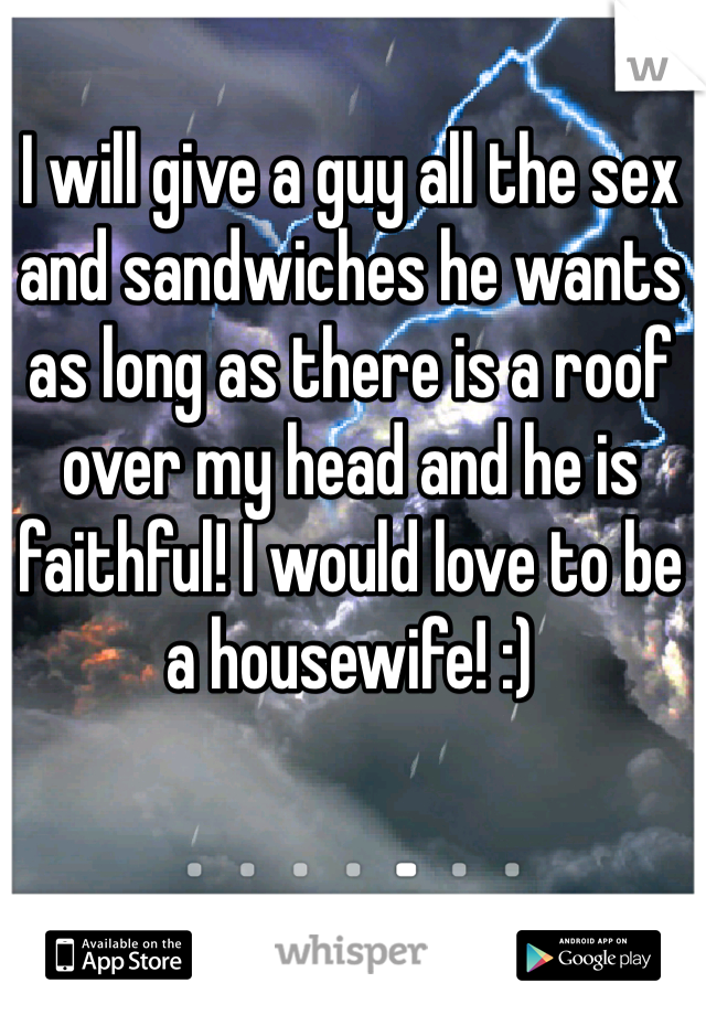 I will give a guy all the sex and sandwiches he wants as long as there is a roof over my head and he is faithful! I would love to be a housewife! :)