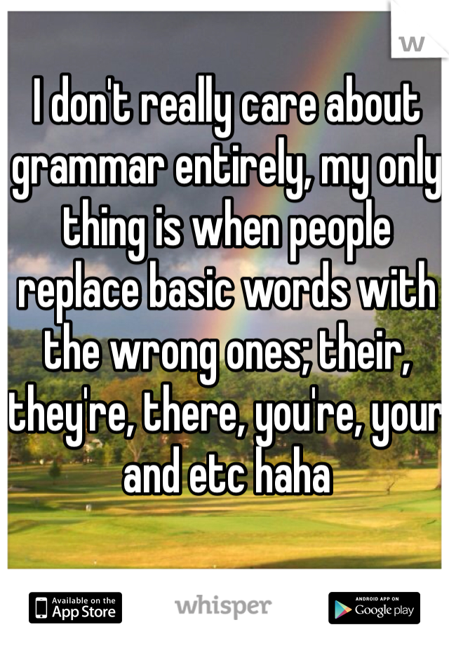 I don't really care about grammar entirely, my only thing is when people replace basic words with the wrong ones; their, they're, there, you're, your and etc haha