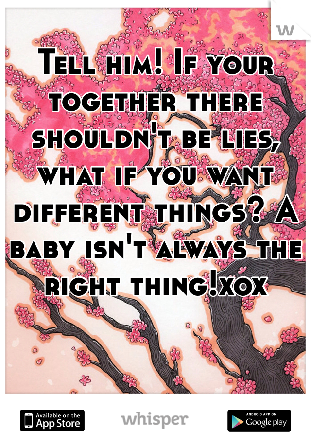 Tell him! If your together there shouldn't be lies, what if you want different things? A baby isn't always the right thing!xox