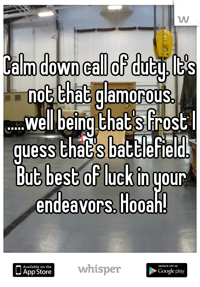 Calm down call of duty. It's not that glamorous. .....well being that's frost I guess that's battlefield. But best of luck in your endeavors. Hooah!