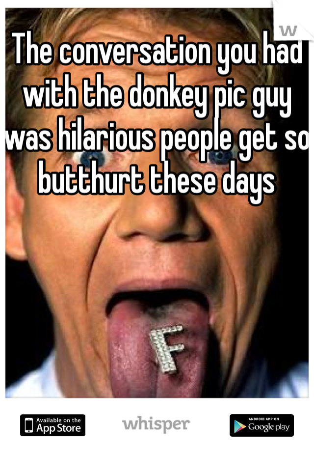 The conversation you had with the donkey pic guy was hilarious people get so butthurt these days 