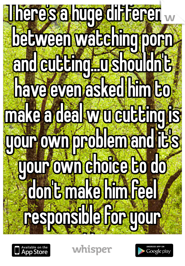There's a huge difference between watching porn and cutting...u shouldn't have even asked him to make a deal w u cutting is your own problem and it's your own choice to do don't make him feel responsible for your actions 