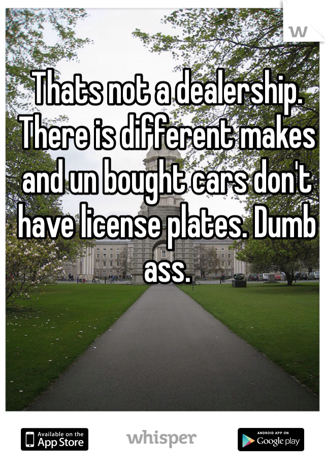 Thats not a dealership. There is different makes and un bought cars don't have license plates. Dumb ass.