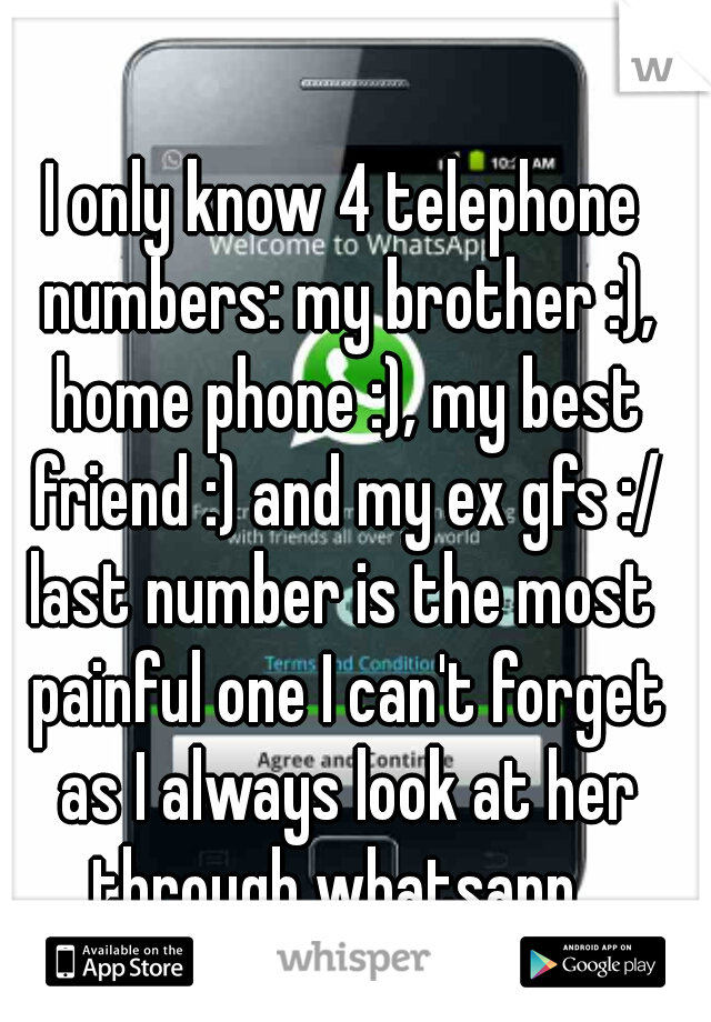 I only know 4 telephone numbers: my brother :), home phone :), my best friend :) and my ex gfs :/
last number is the most painful one I can't forget as I always look at her through whatsapp  