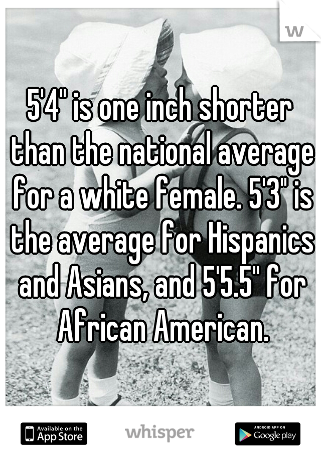 5'4" is one inch shorter than the national average for a white female. 5'3" is the average for Hispanics and Asians, and 5'5.5" for African American.