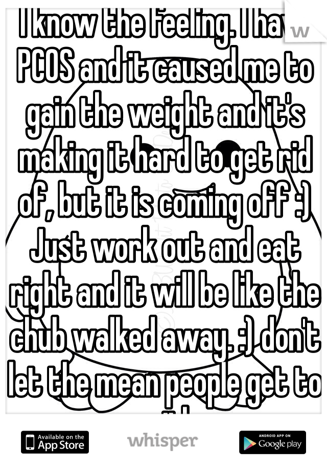 I know the feeling. I have PCOS and it caused me to gain the weight and it's making it hard to get rid of, but it is coming off :) Just work out and eat right and it will be like the chub walked away. :) don't let the mean people get to you either.