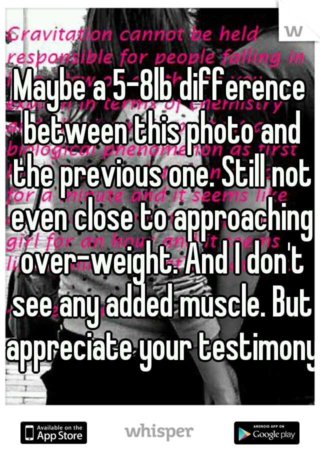 Maybe a 5-8lb difference between this photo and the previous one. Still not even close to approaching over-weight. And I don't see any added muscle. But appreciate your testimony