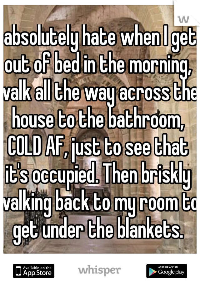I absolutely hate when I get out of bed in the morning, walk all the way across the house to the bathroom, COLD AF, just to see that it's occupied. Then briskly walking back to my room to get under the blankets. 