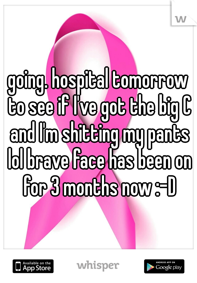 going. hospital tomorrow to see if I've got the big C and I'm shitting my pants lol brave face has been on for 3 months now :-D