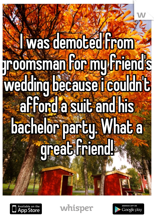 I was demoted from groomsman for my friend's wedding because i couldn't afford a suit and his bachelor party. What a great friend!