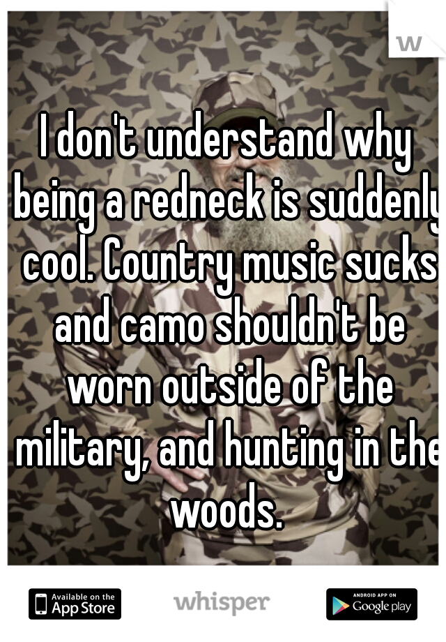 I don't understand why being a redneck is suddenly cool. Country music sucks and camo shouldn't be worn outside of the military, and hunting in the woods. 