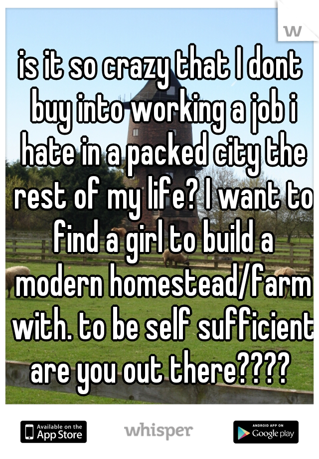 is it so crazy that I dont buy into working a job i hate in a packed city the rest of my life? I want to find a girl to build a modern homestead/farm with. to be self sufficient are you out there???? 