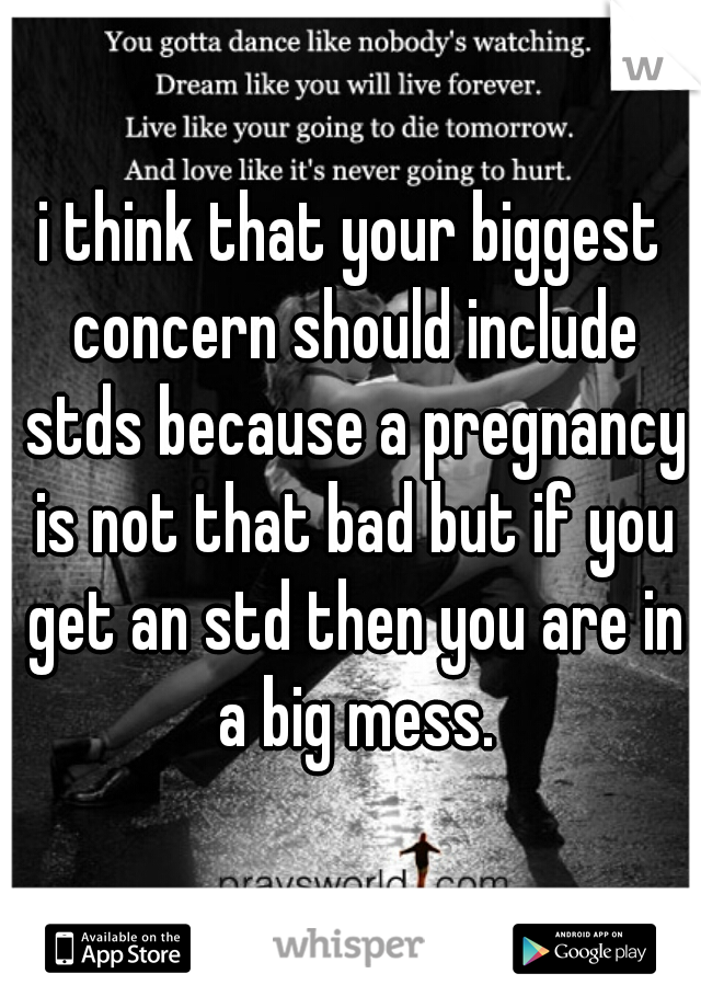 i think that your biggest concern should include stds because a pregnancy is not that bad but if you get an std then you are in a big mess.