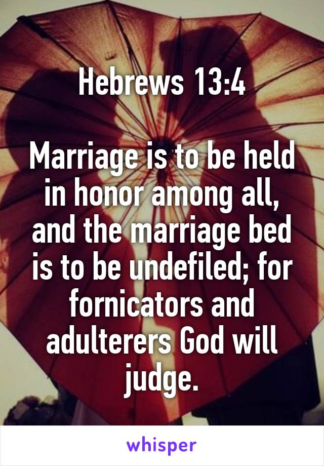 Hebrews 13:4

Marriage is to be held in honor among all, and the marriage bed is to be undefiled; for fornicators and adulterers God will judge.