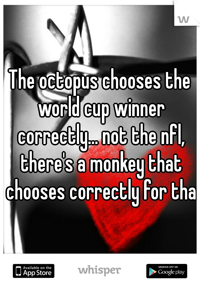 The octopus chooses the world cup winner correctly... not the nfl, there's a monkey that chooses correctly for that