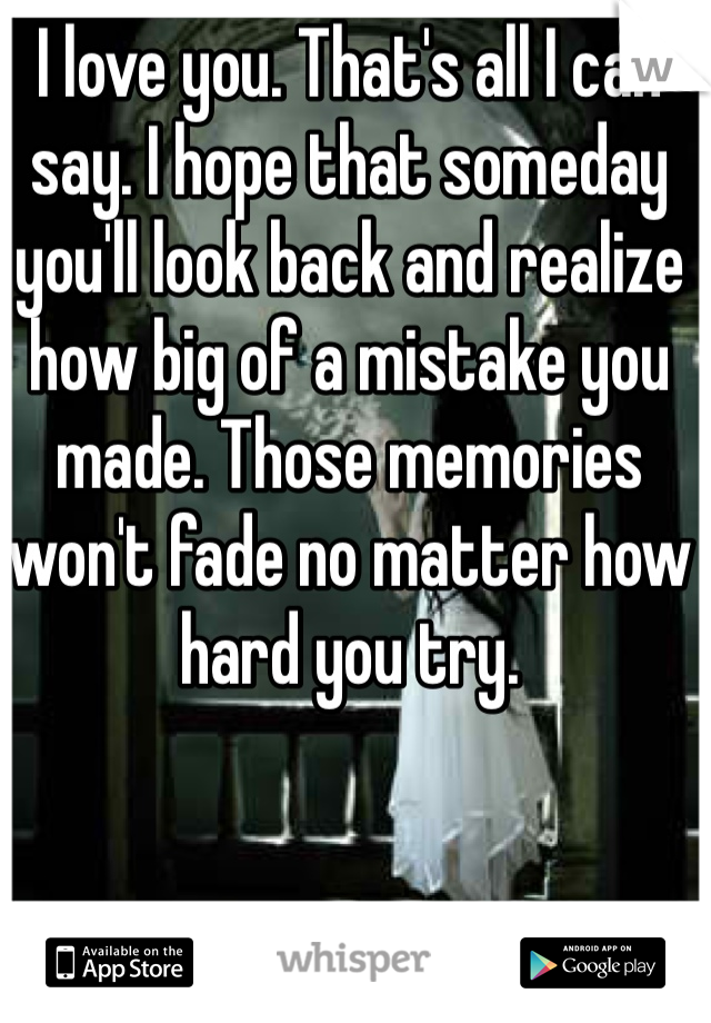 I love you. That's all I can say. I hope that someday you'll look back and realize how big of a mistake you made. Those memories won't fade no matter how hard you try. 