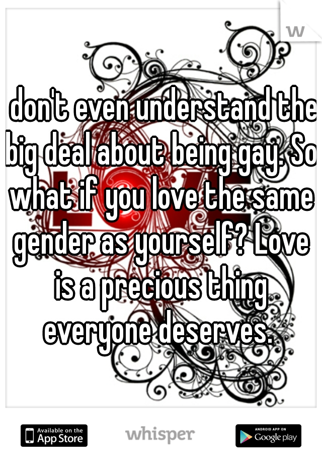 I don't even understand the big deal about being gay. So what if you love the same gender as yourself? Love is a precious thing everyone deserves. 