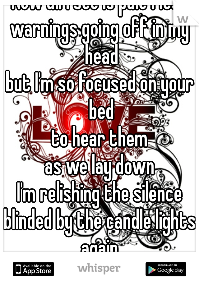 Now all I see is pale flesh
warnings going off in my head
but I'm so focused on your bed
to hear them
as we lay down
I'm relishing the silence
blinded by the candle lights again 
I came here to end  