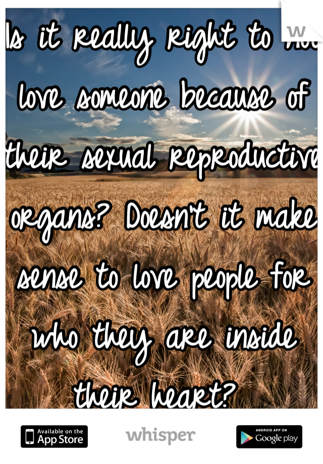 Is it really right to not love someone because of their sexual reproductive organs? Doesn't it make sense to love people for who they are inside their heart? 