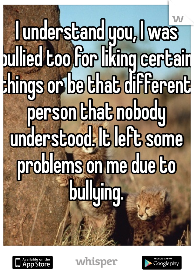 I understand you, I was bullied too for liking certain things or be that different person that nobody understood. It left some problems on me due to bullying.