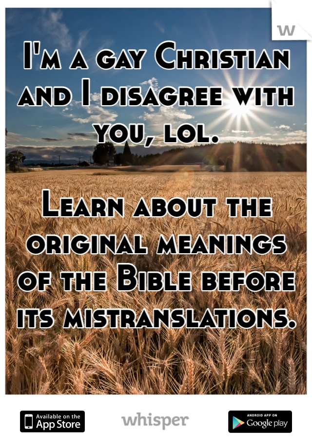 I'm a gay Christian and I disagree with you, lol.

Learn about the original meanings of the Bible before its mistranslations. 