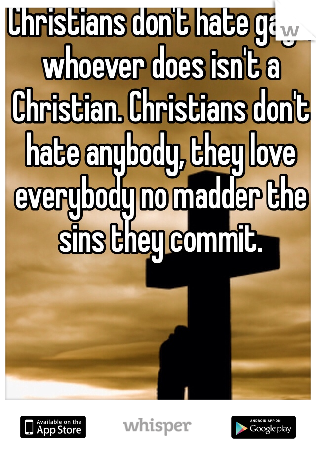 Christians don't hate gays, whoever does isn't a Christian. Christians don't hate anybody, they love everybody no madder the sins they commit.