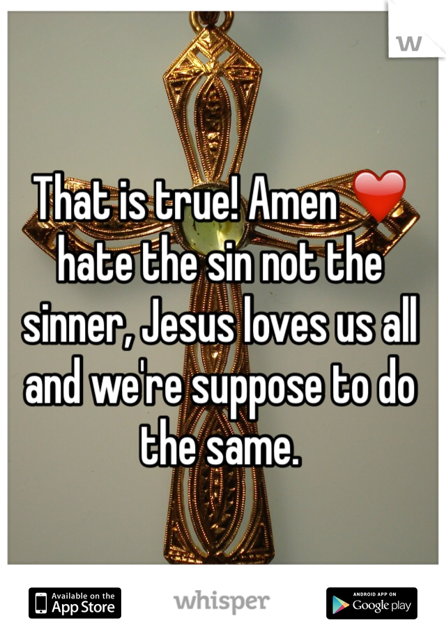 That is true! Amen ❤️ hate the sin not the sinner, Jesus loves us all and we're suppose to do the same. 