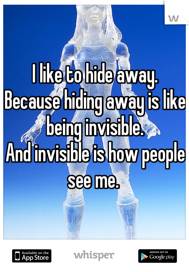 I like to hide away.
Because hiding away is like being invisible.
And invisible is how people see me. 