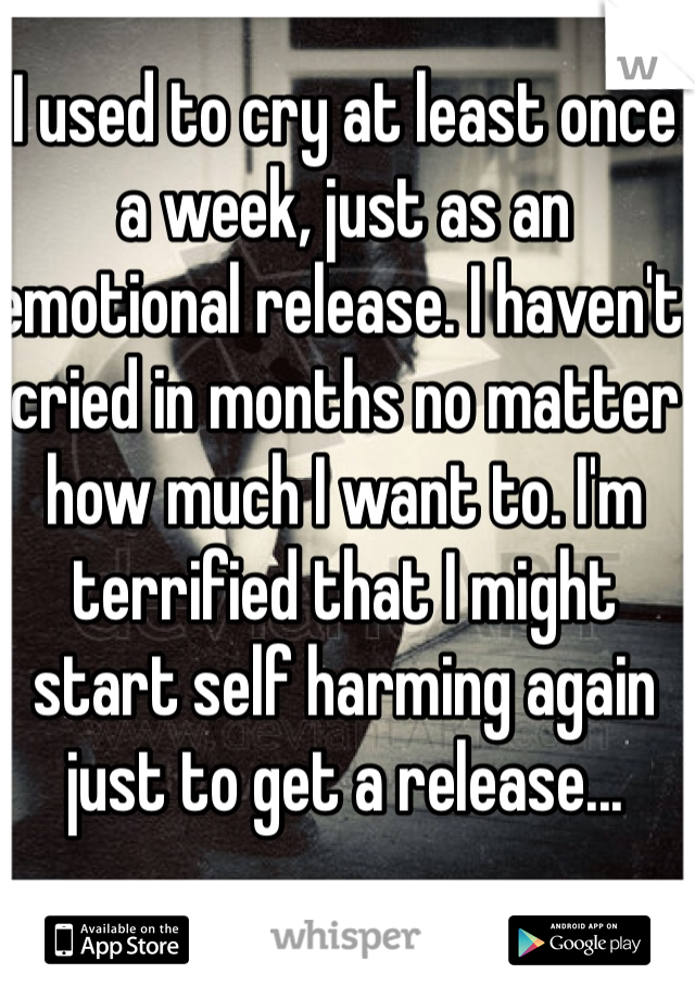 I used to cry at least once a week, just as an emotional release. I haven't cried in months no matter how much I want to. I'm terrified that I might start self harming again just to get a release...